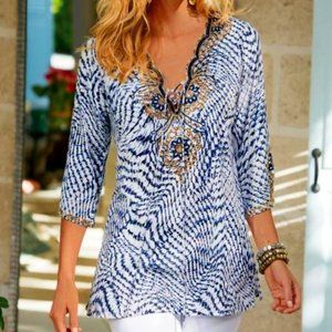 Soft Surroundings Navy and Gold Embroidered Tunic